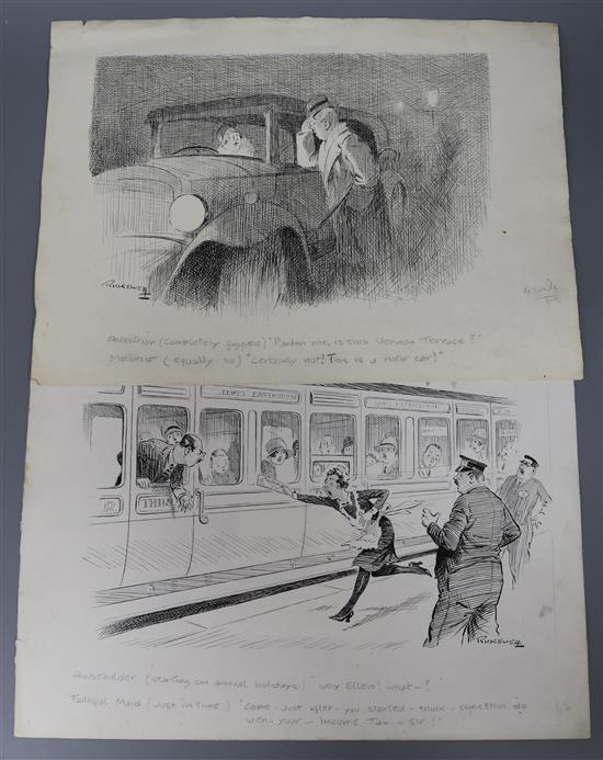 William Ridgewell (1881-1937), two original pen and ink illustrations, Motoring Incident and Maid with Tax Bill, 28 x 39cm, unframed
